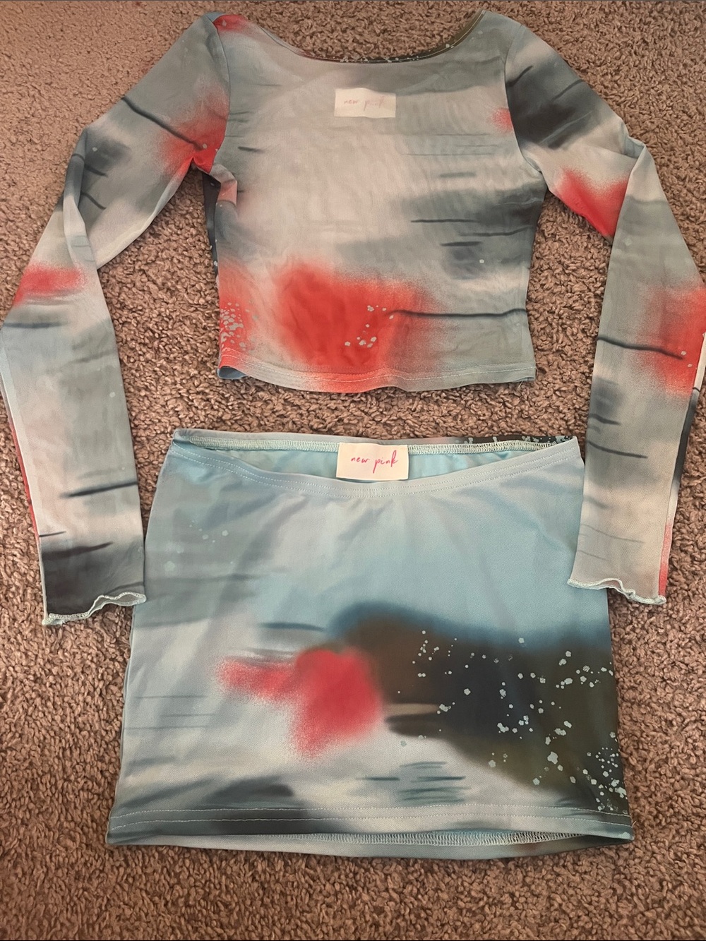 Women's Blue & Red Mesh Crop Top and Skirt Set